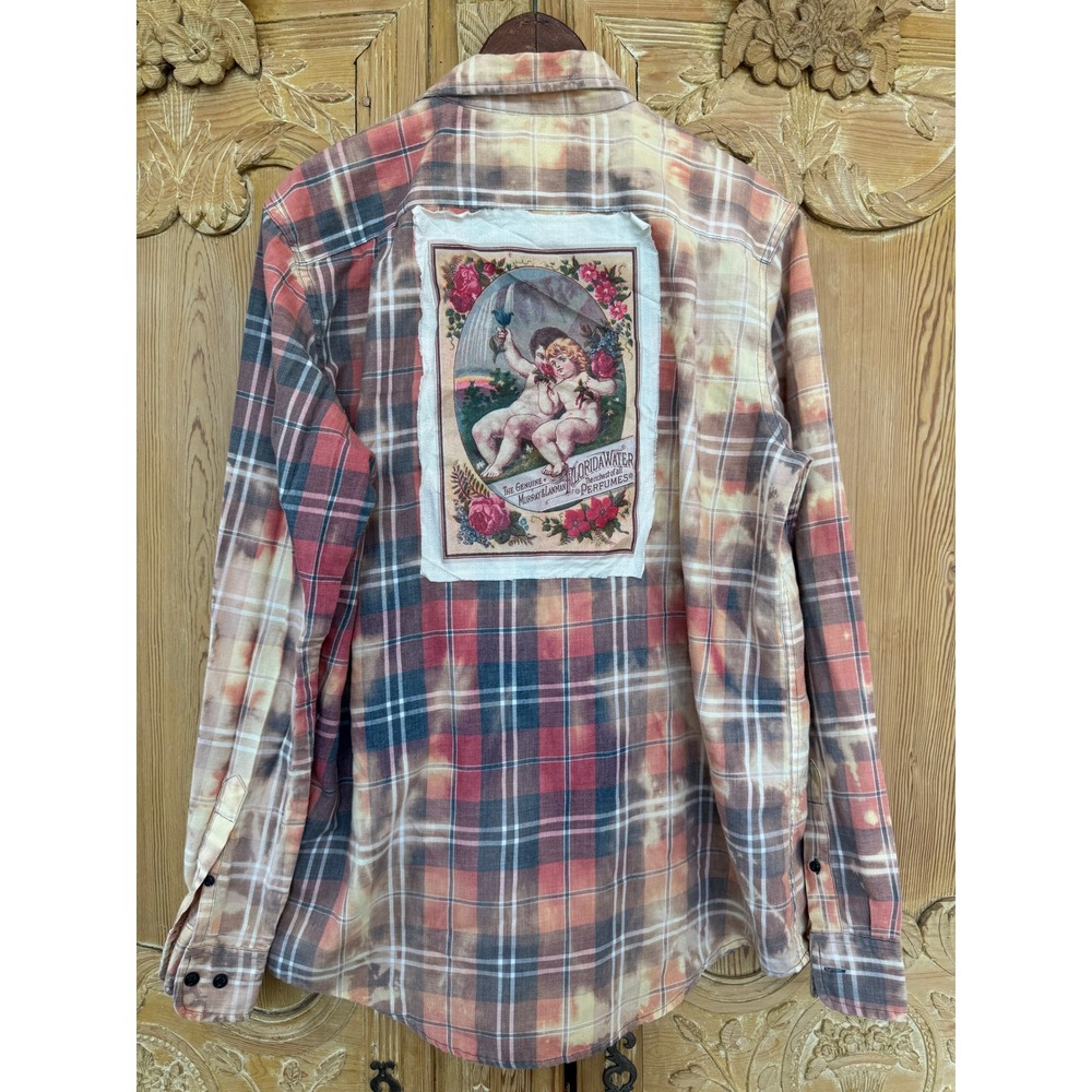 Upcycled Flannel L Cherub Floral Patch‎ Folk Art Shirt One of One - Picture 5 of 7